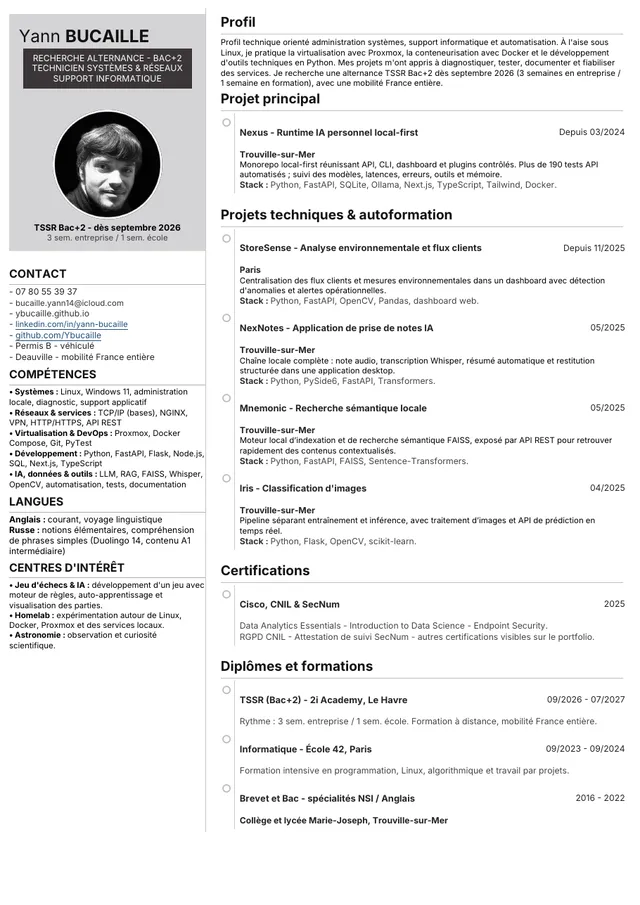 Première page du CV de Yann Bucaille